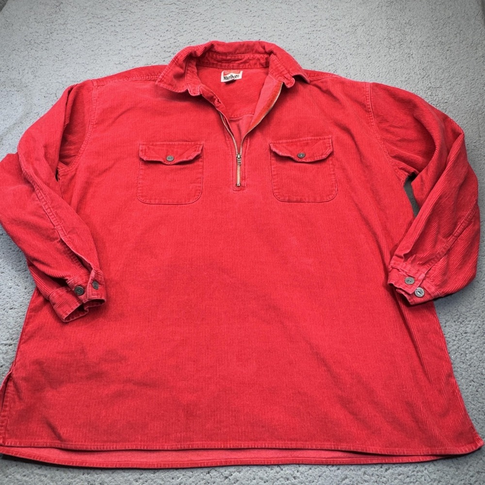 Vintage Marlboro Shirt Mens XL Red Corduroy 1/2 Zip Overshirt Flap Pockets 90s